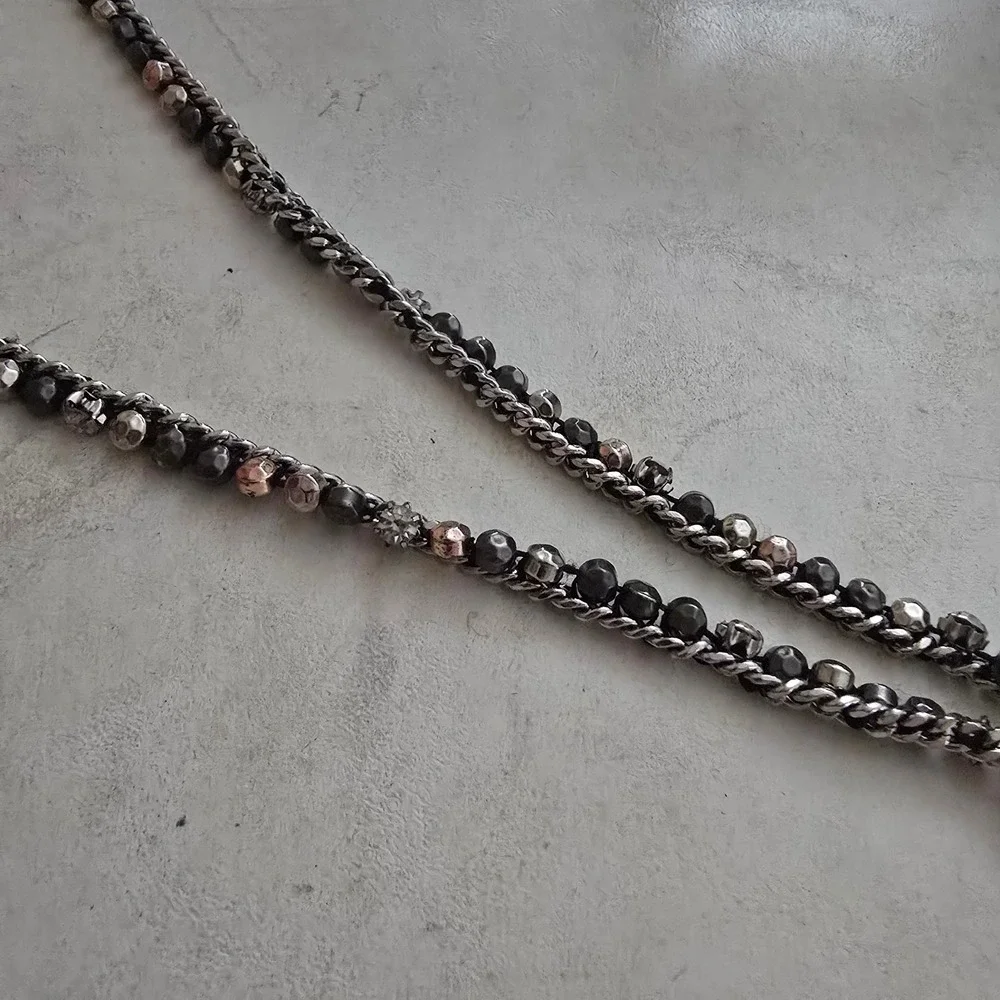 Mixed Metal Beaded Lariat Necklace Spike Pendants Hematite Tone Chain Long 36in